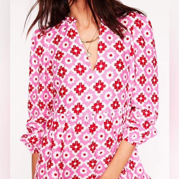 Boden Esme Short Linen Colorful Flowy Dress in Pink Power Geometric Stamp Sz 6R - Picture 9 of 12